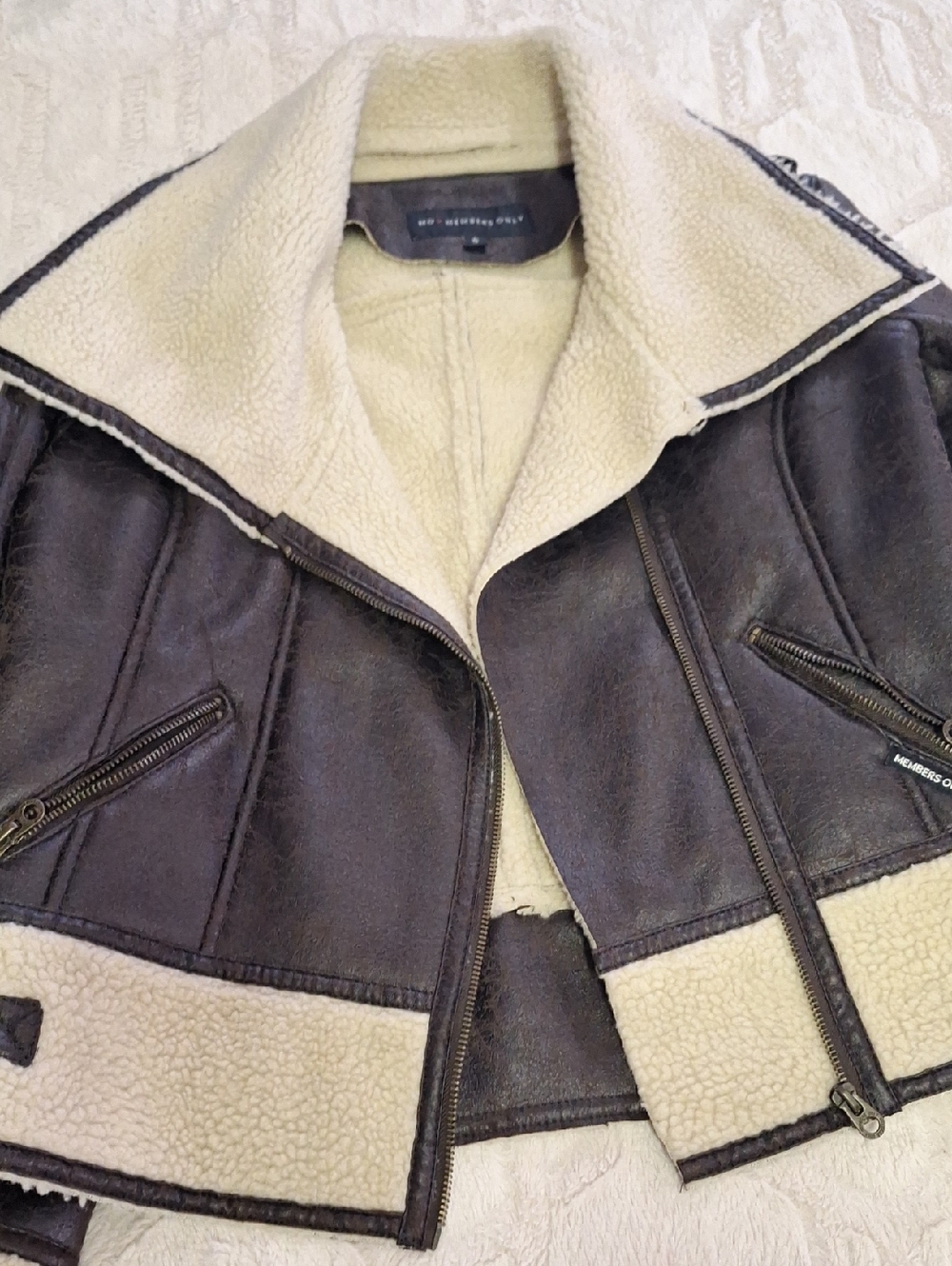 Members Only Brown Faux-Leather Moto Jacket with Cream Sherpa Trim